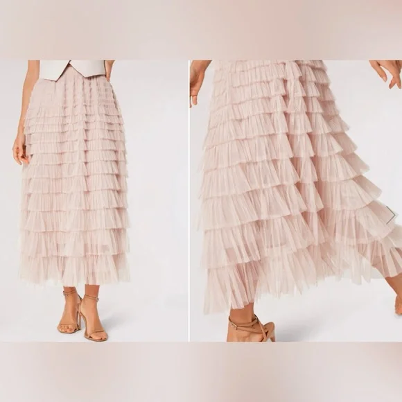 NWT APRCOT Stunning layered Tulle Midi Skirt sz Small Stone colour ruffles lined - Picture 9 of 16